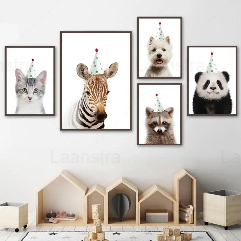 

Nordic Posters and Prints Animals Birthday Hat Zebra Panda Dog Cat Raccoon Wall Art Canvas Painting Home Decoration Mural Custom