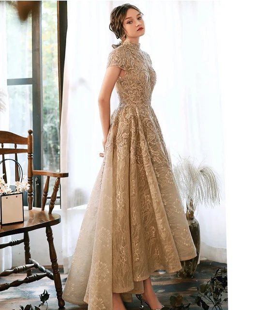 Luxury Champagne Lace Long Evening Dresses Half Sleeves Beaded Elegant Formal High Neck A-Line Wedding Celebrity Prom Gowns New Short long