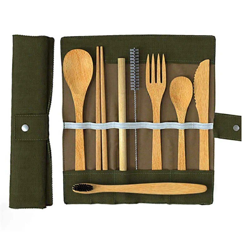 ABSS-2-Pack бамбуковая посуда с бонусом 2 бамбуковые зубные щетки бамбуковая соломинка, ложка, вилка, нож, чайная ложка, палочки для еды, щетка и 2 гр