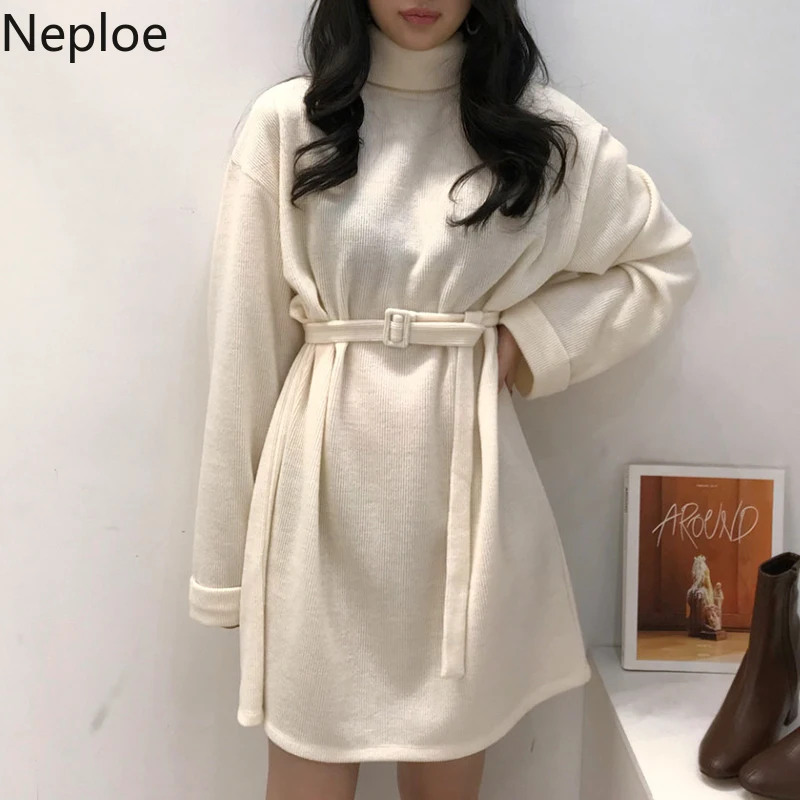 Neploe Водолазка с длинным рукавом пуловер свитер платье однотонный корейский женский вязаный Vestido Осень Зима мини пояс Vestidos 55704