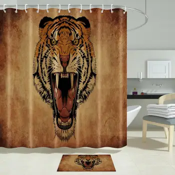 

Tiger Paintings Retro Shower Curtain Printed Bathroom Screen Waterproof Polyester Fabric for Bathtub Decor with 12 Hooks