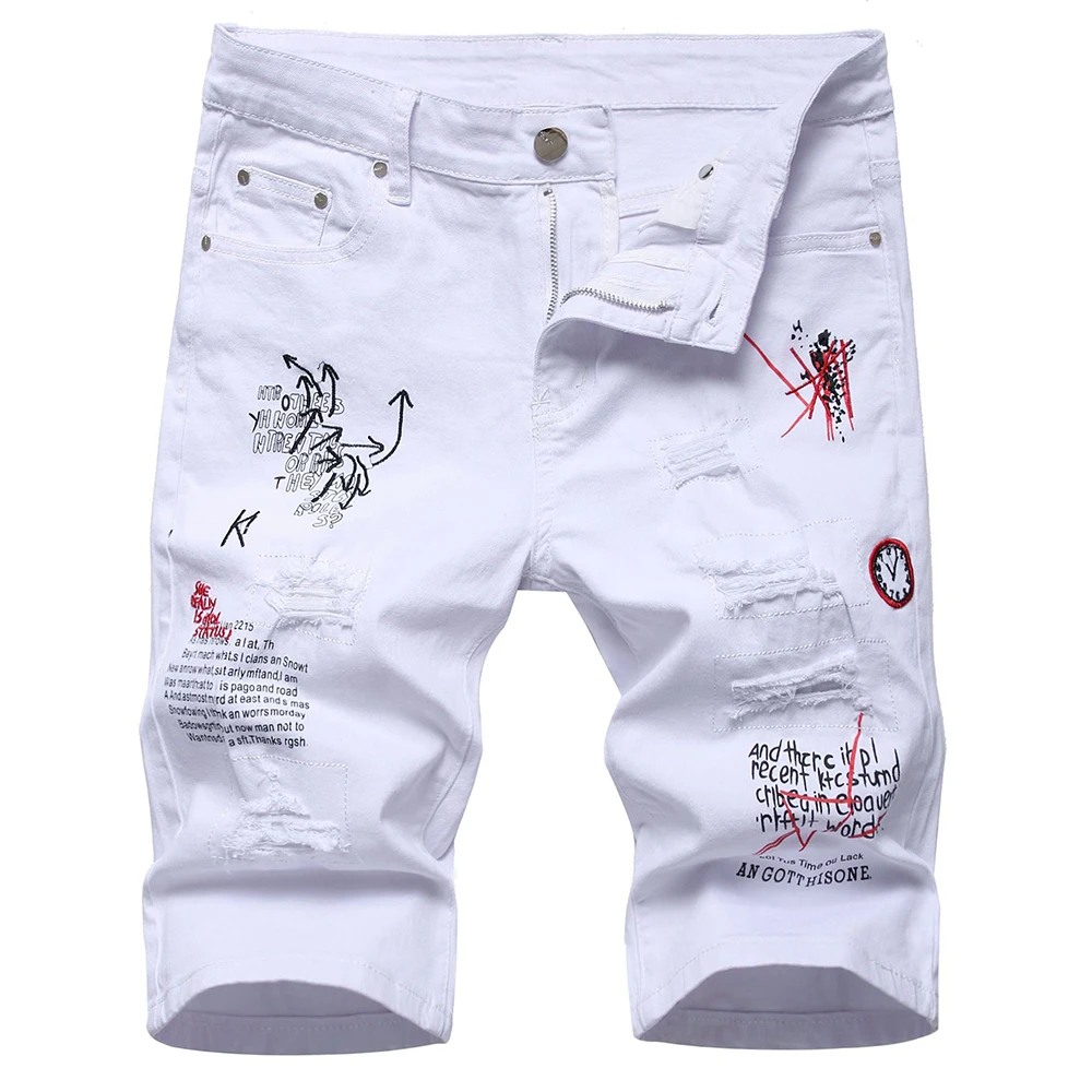 Men's Letters Printed Embroidery Denim Shorts Summer Holes Ripped Jeans Slim Stretch Breeches Black White