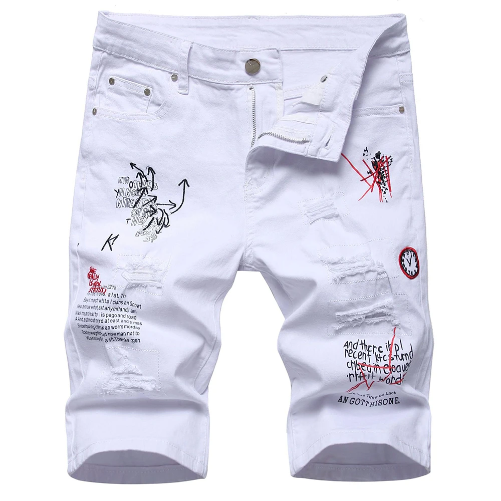 Pantalones cortos mezclilla con estampado de letras para hombre, Vaqueros rasgados con agujeros de verano, pantalones ajustados, negro y blanco|Pantalones vaqueros| - AliExpress