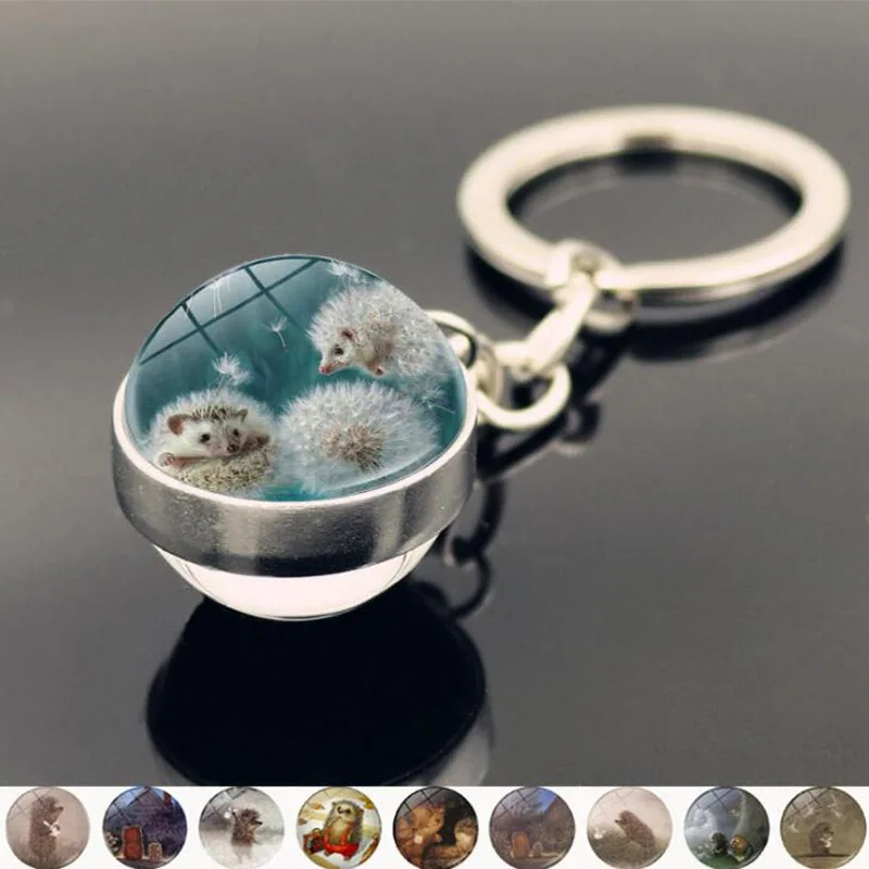 WG 1pc Cute Hedgehog Keychain Pendant Cabochon Time Jewel Glass Ball Metal Animation Cartoon Keyring Jewelry | Украшения и