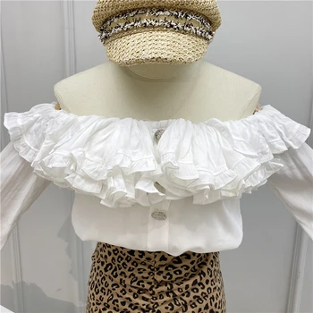 

Sexy Blouse for Women Sweet Double Layer Flounced Slash Neck Off-Shoulder Loose-Fit Bell Sleeve Pullover Shirt Blouses Tops