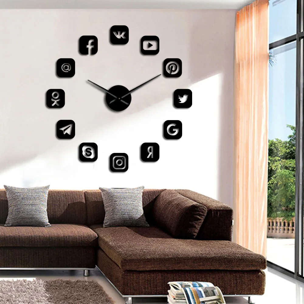 Символика социальных сетей DIY настенные художественные гигантские настенные часы для офиса Колледжа Общежития Декор 3D бескаркасные значки настенные часы, подарки для подростков