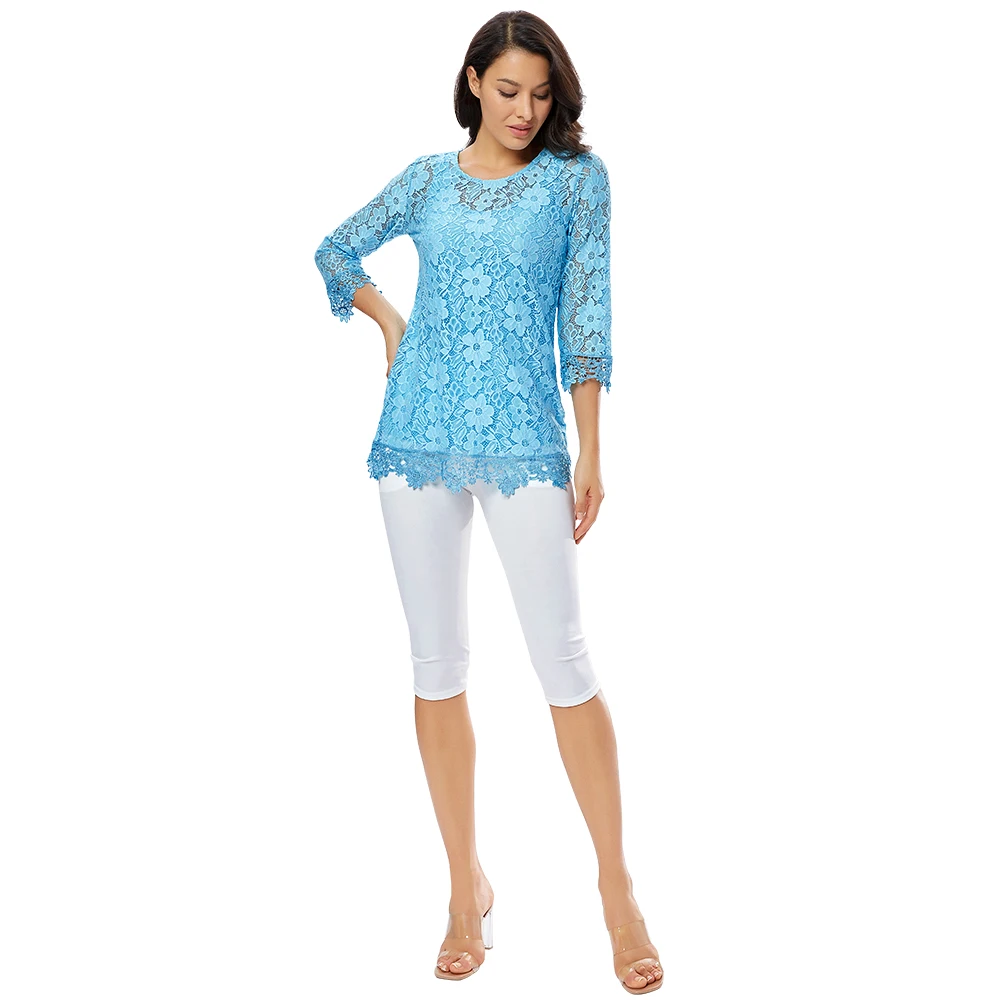 Женский комплект из двух предметов, блузки, открытые туники с круглым вырезом, небесно-голубое кружево с цветочным узором, блузка, летняя рубашка, плюс размер, H244