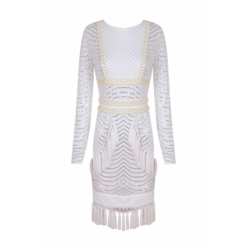 Elegant White Black Long Sleeve Sequins Dress Tassel Beading Patchwork Winter Fashion Celebrity Party Dress Vestidos Newest