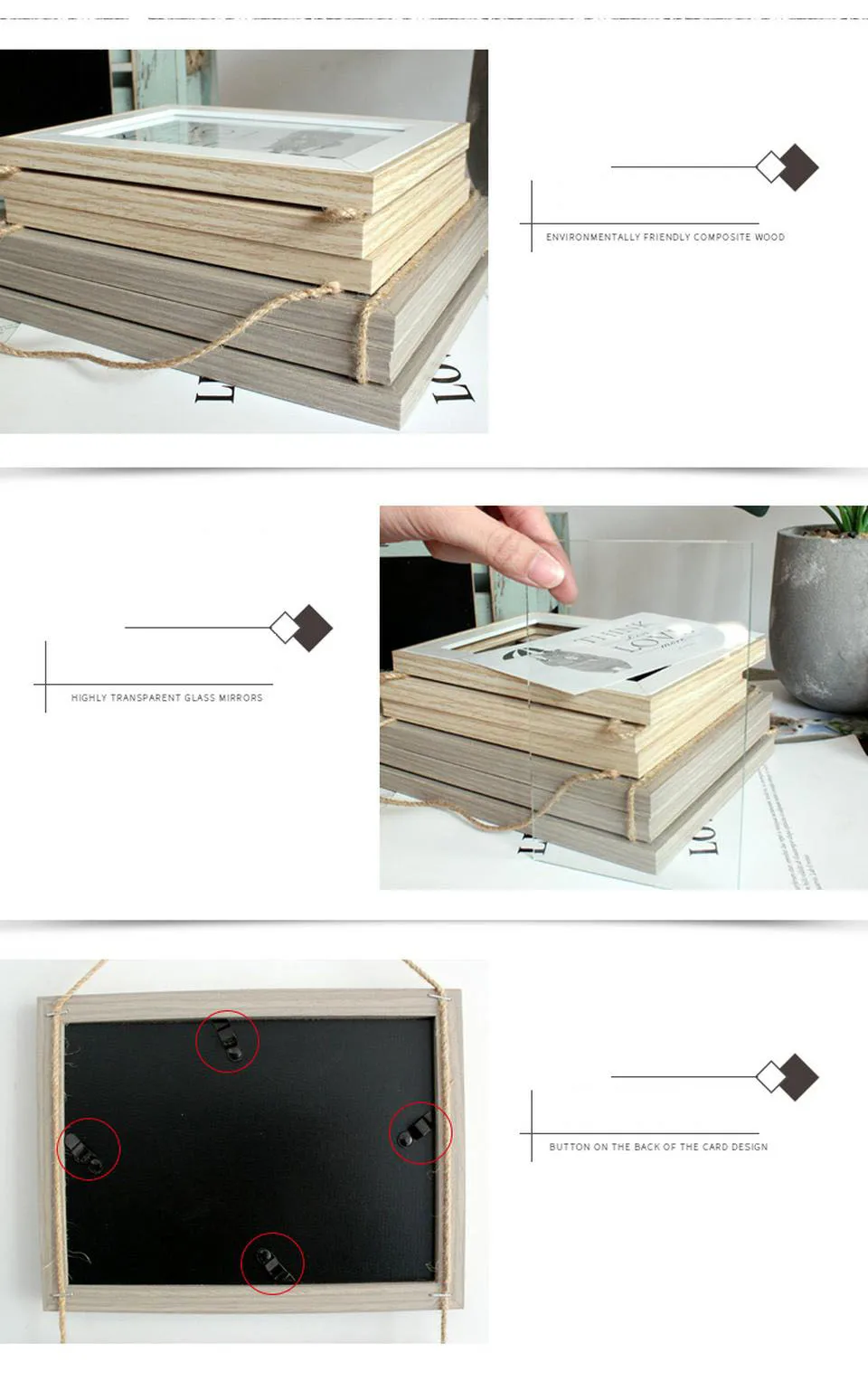 Combination 3 Connected Frame Wall Hanging Photo Simple Solid Wooden Clip Paper Picture Holder Home Wall Decoration 6/7 Inch