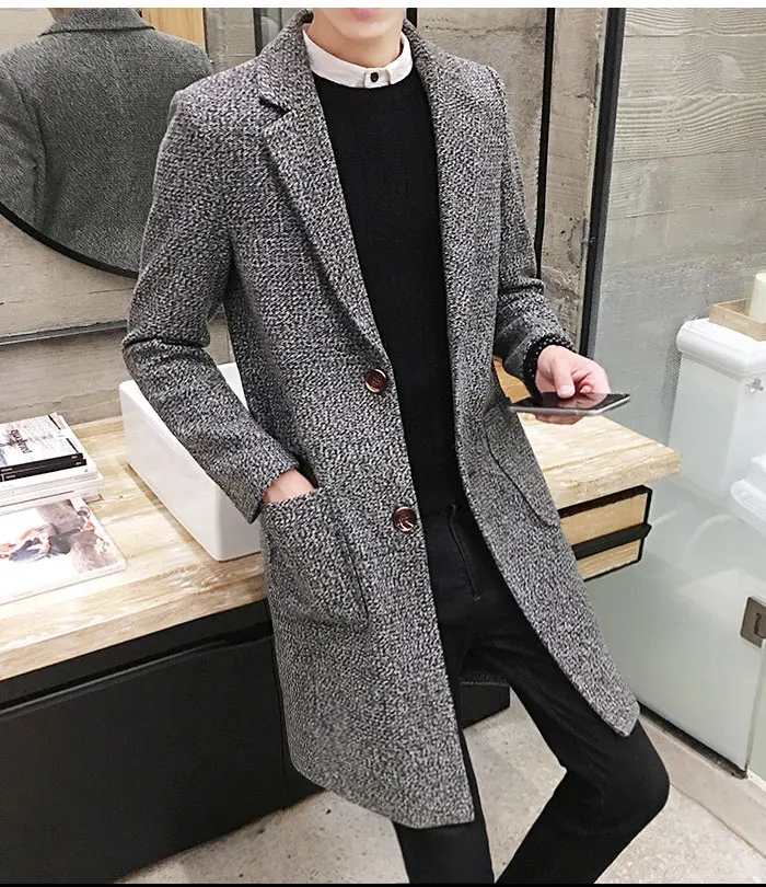 Autumn And Winter Men's Slim Woolen Coat Korean Long Section Fashion Woolen Coat