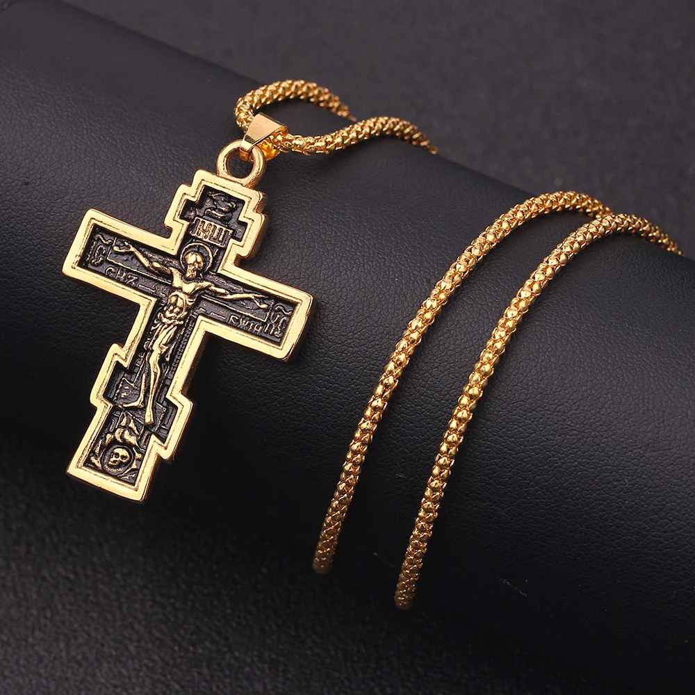 Христианский ортодоксальный Распятие Иисуса ожерелье русский крест молитва Большая подвеска золотой цвет INRI подвесной крест с распятием ожерелье для мужчин