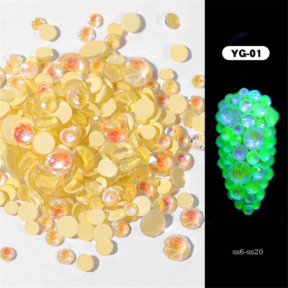 Светящиеся Стразы для ногтей смешанные размеры стеклянные плоские задники Светящиеся в темноте 3D очаровательные драгоценные камни DIY маникюр Дизайн ногтей набор украшений - Цвет: 01