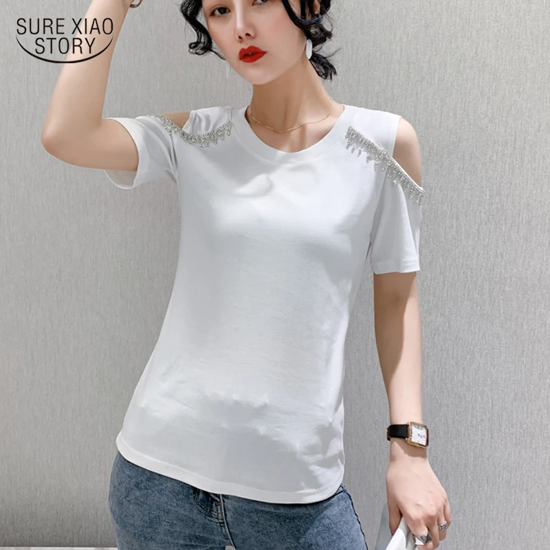 

2021 Streetwear Solid Pullover Bottoming Shirt Women Tops Blusas Summer New O Neck Off Shoulder Women's Blouse Cotton 9895