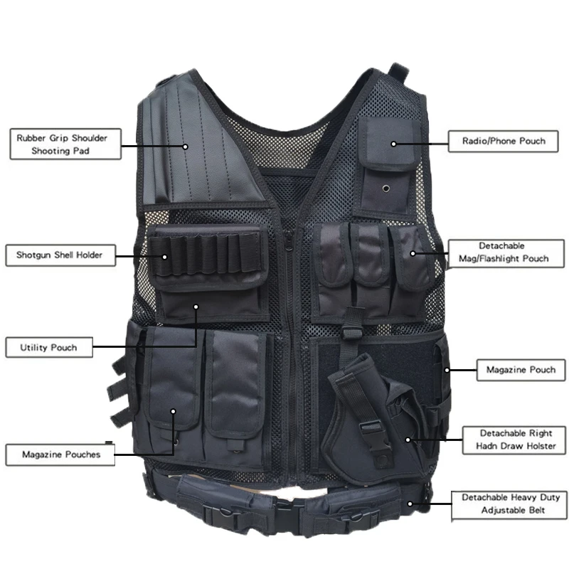 NEW POLICE Men Tactical Vest BLACK For Army Military SWAT Hunting Hiking 