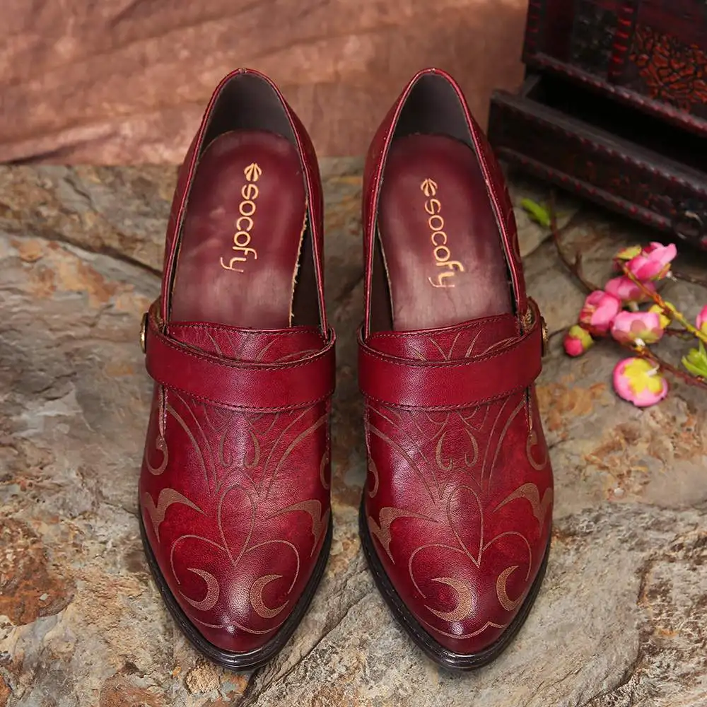 SOCOFY/туфли-лодочки из натуральной кожи в стиле ретро однотонные элегантные туфли-лодочки с петлей на липучке женская обувь на высоком каблуке