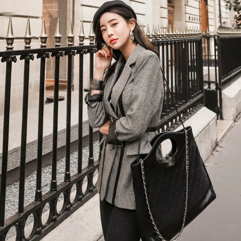 Autumn Winter Fashion Casual Belted Lace-up Trench Women 2019 New Retro Striped Nothced Pockets Suits Coat OL Work Wear Gray