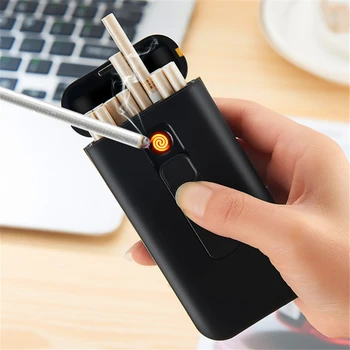 

Waterproof 20pcs Cigarette Capacity Metal Case With Windproof USB Charging Electronic Lighter For Slim Cigarette Holder Box Gift