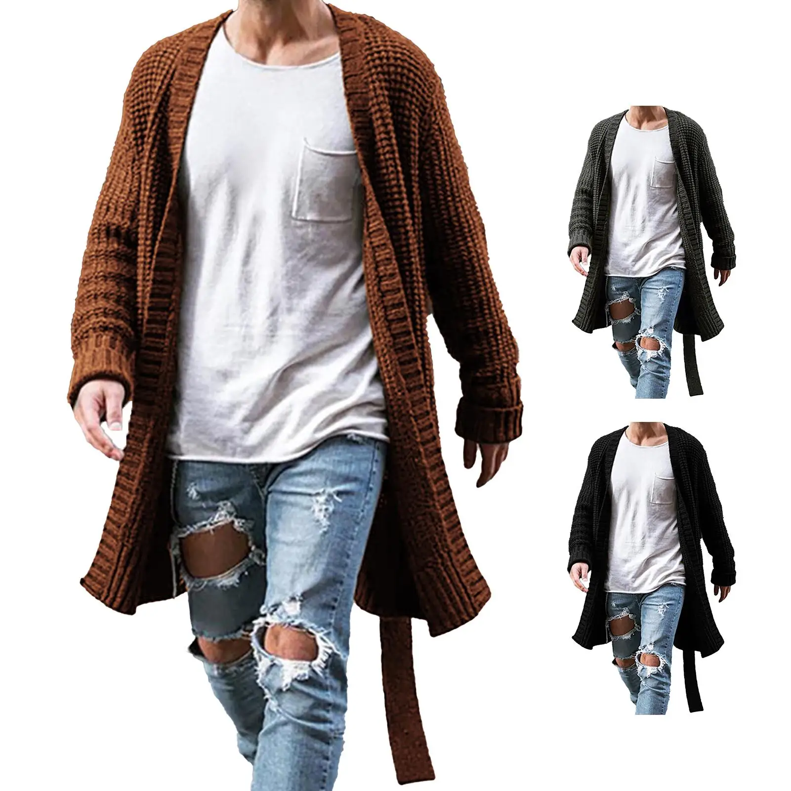 

Knitted Coat Large Size Keep Warm Cardigan Men Long Sleeve Midi Sweater Coat for Home