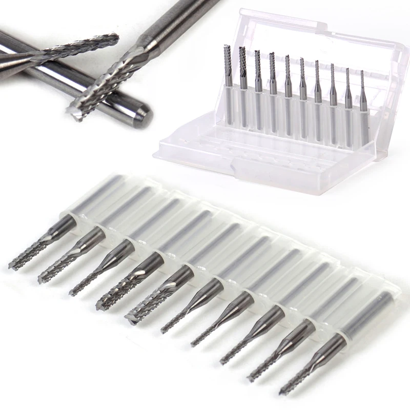 10pcs Corn Milling Cutter 1.3-3.175mm PCB CNC Engraving Tool End Mill Rotary Burr Tool for Metal Working