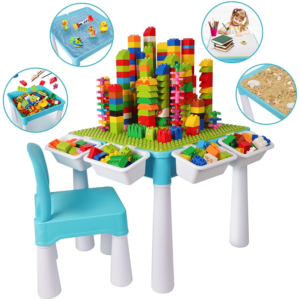 

Kids Multi Function Table Activity Desk Building Blocks Table Chair Set Study Table Birthday Gift Educational Toys For Children