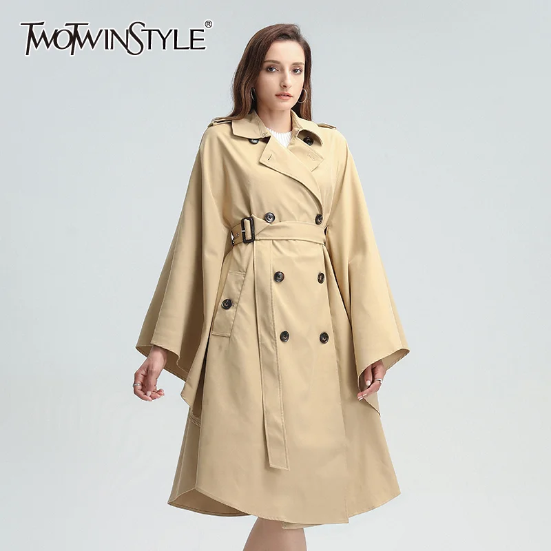 

TWOTWINSTYLE Khaki Tunic Trench For Women Lapel Long Sleeve High Waist Sashes Casual Loose Windbreaker Female 2020 Fall Fashion