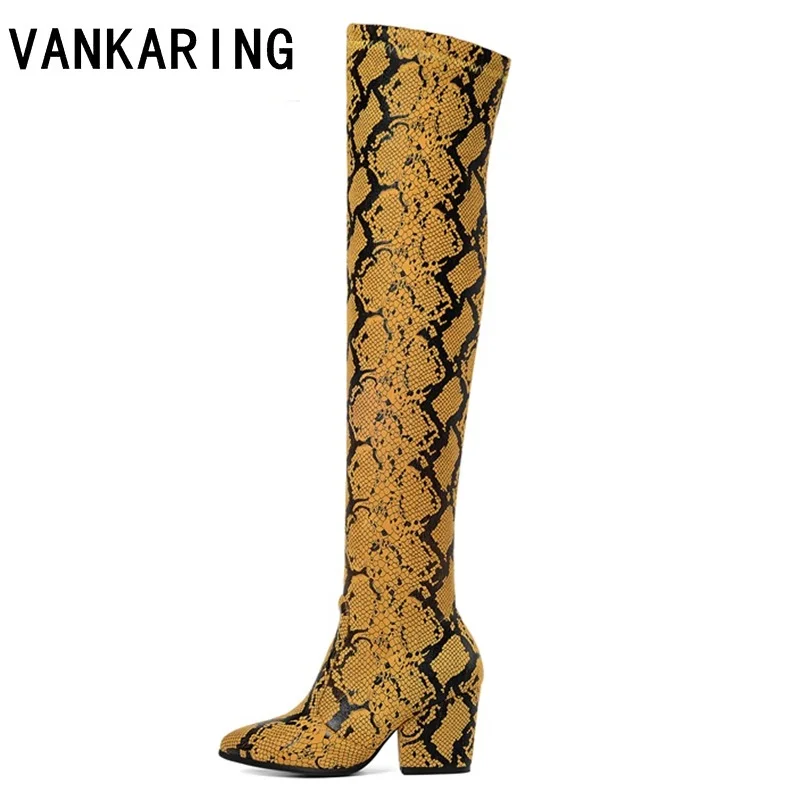 

printed snakeskin microfiber leather knee high cowgirl boots for women platform high heel all matched autumn winter snow boots