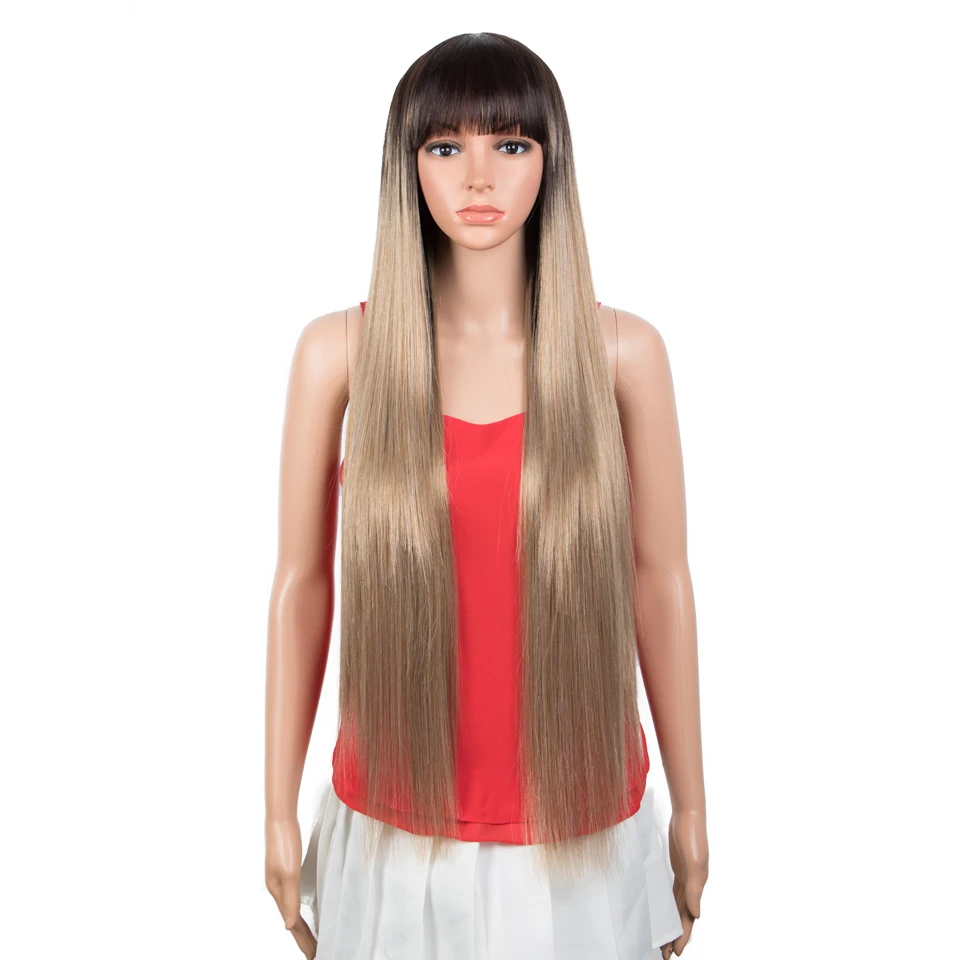 FASHION IDOL Synthetic Wig With Bangs 36 Inch Long Straight Wig Cosplay Ombre Blond Wigs For Black Women Heat Resistant Fiber