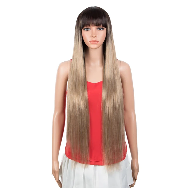 FASHION IDOL Synthetic Wig With Bangs 36 Inch Long Straight Wig Cosplay Ombre Blond Wigs For Black Women Heat Resistant Fiber TT6-23C