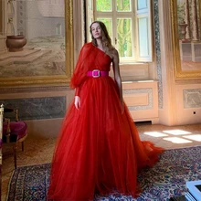 Fivsole – robe longue de soirée rouge, asymétrique épaule dénudée, manches longues, ligne a, pour occasions spéciales, avec ceinture 