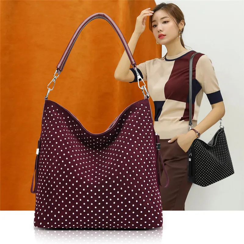 

2020 Wild Women Bucket Bag High Quality Diamond Inlaid Medium Lady Crossbody Shoulder Bag Nubuck Leather Female Hobo Handbag Sac