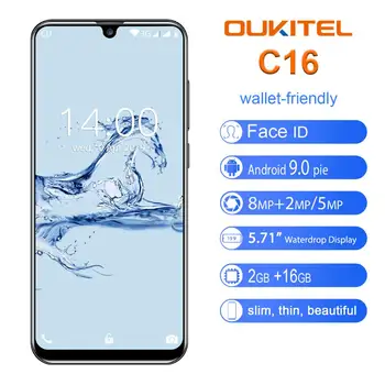 

OUKITEL C16 5.71" HD+ 19:9 WaterDrop Smartphone Fingerprint Android 9.0 Mobile Phone MT6580P 2G RAM 16G ROM 2600mAh Unlock