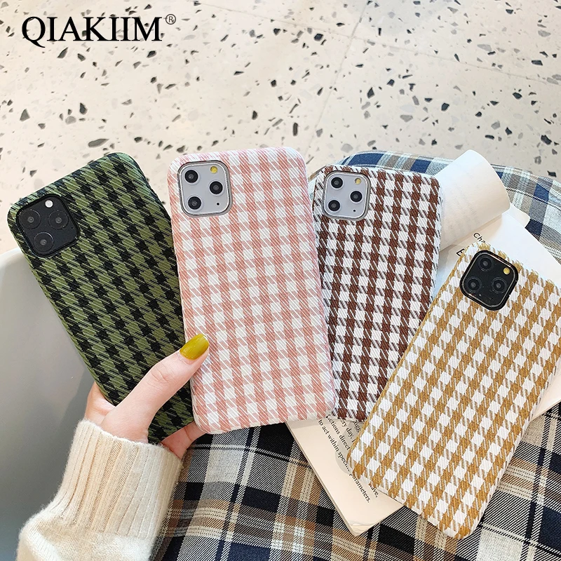 Cute Plaid Lattice Grid Cloth Skin Case For iPhone 11 Pro Max XS X XR 7 8 Plus Cover Fresh Color Soft TPU PC Fabric Phone Cases | Мобильные