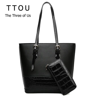 

TTOU 2 PCS/set Women Shoulder Bag Quality Leather Crocodile Pattern Patchwork Large Tote Messenger Bags Black Luxury Handbag