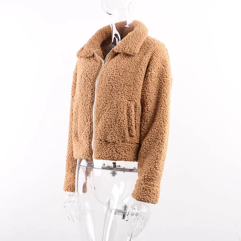 Nadafair Женская флисовая куртка из искусственного меха размера плюс, толстая молния, короткая пушистая зимняя плюшевая куртка, женское повседневное плюшевое пальто