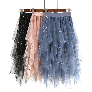 

Star Mesh Skirts Women 2019 Summer Clothes High Waist Irregular DanceTutu Skirt Black Tulle Midi Jupe Longue Faldas Dropship