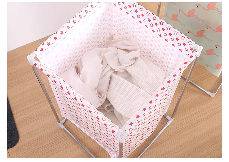 Non-woven Laundry Basket Wrought Iron Frame Assembled Waterproof Hamper Household Dirty Clothes Storage Bucket Multi-purpose Ham