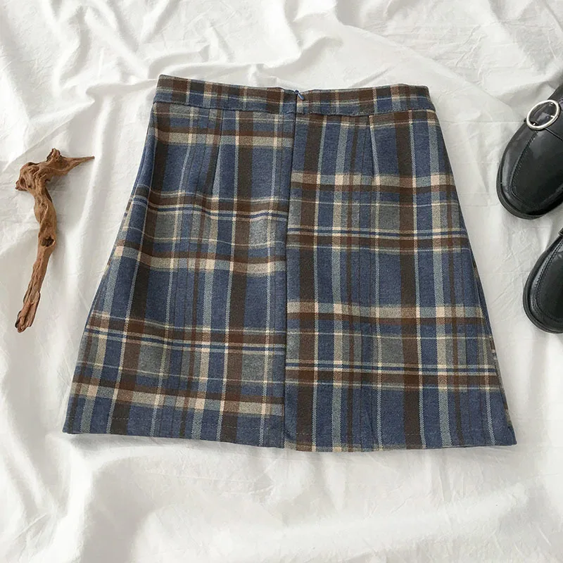 Винтажная клетчатая Женская юбка с высокой талией Модные осенние короткие осенние зимние юбки