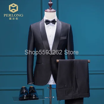 

[] men's suit suit two-piece decoration body pure black business professional wear men's dress