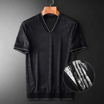 

Fabric Mens Jacquard Luxury V-neck Short Sleeve T-shirts Plus Size 4xl Summer Slim Fit Soft Silky Man Tee