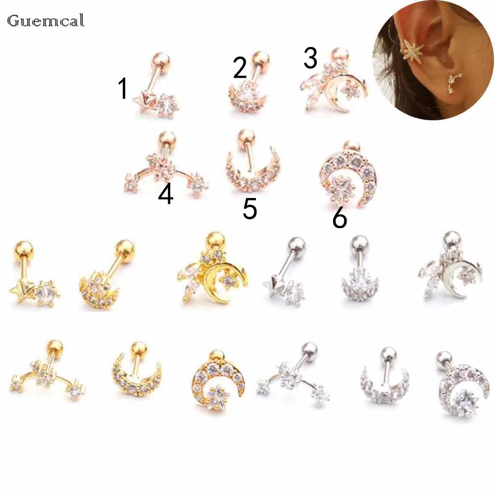 

Guemcal 2pcs Hot Selling All-match Mini Zircon Moon Star Straight Rod Ear Bone Piercing Jewelry