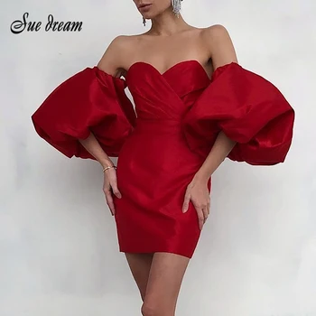 

2020 Spring New Women'S Dress Sexy V-Neck Strapless Puff Sleeve Midi Runway Club Party Mini Dress Vestidos