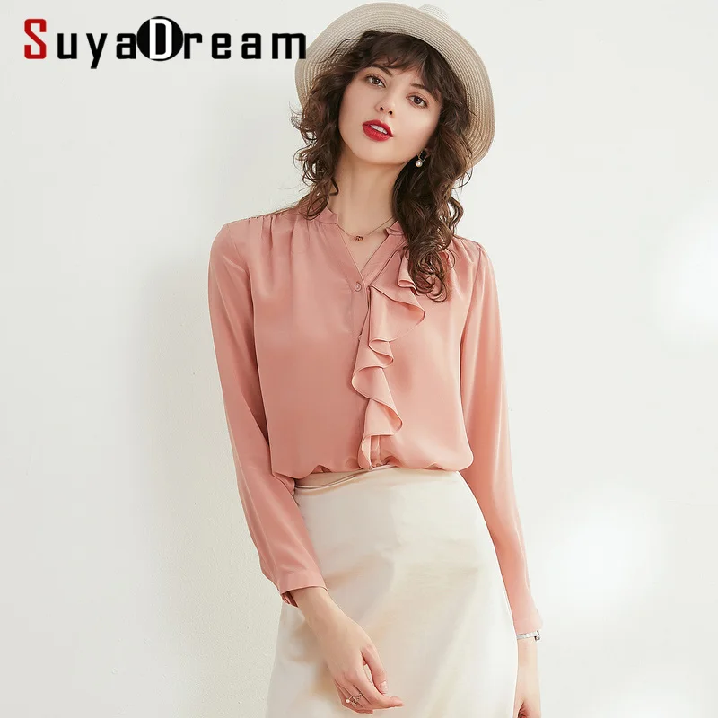 Women Blouse 16mm 100% Natural silk Crepe Blouses Long sleeved Ruffles trims Blouse for women Blusas femininas 2019 Spring Fall