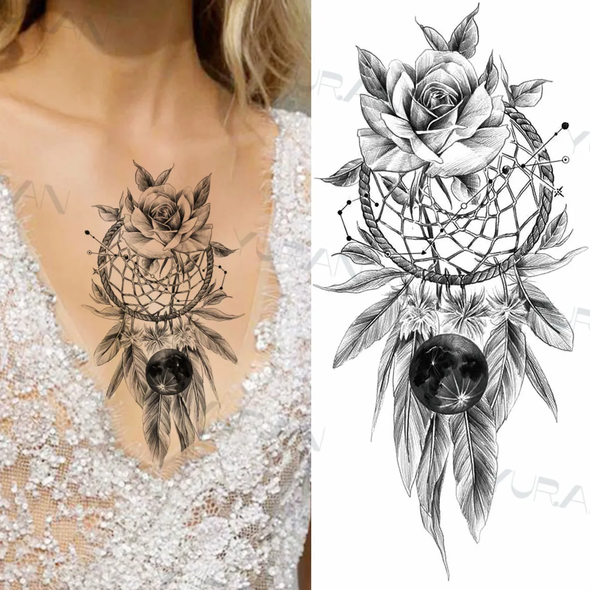 Dream Catcher Rose Flower Temporary Tattoos For Women Adult Henna Moon  Feather Owl Fake Tatoos Realistic Sexy Chest Tattoo Paste - Temporary  Tattoos - AliExpress