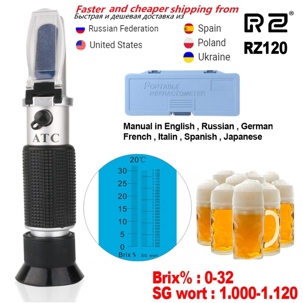 

Brazil Refractometer Alcohol Meter ATC RZ118 RZ120/126 RZ127 Portable Refractometer for Saltwater Sugar Measuring Pet Hemoglobin
