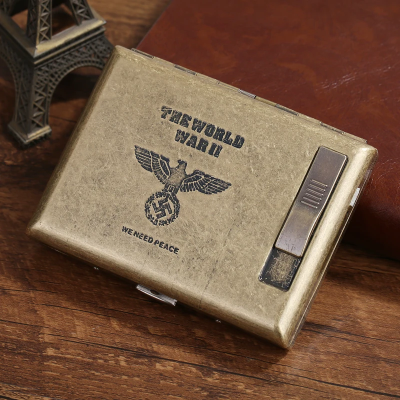 20 палочек металлический чехол для сигарет с usb зарядкой Зажигалка Вторая мировая война че Дракон винтажная бронзовая Обложка подарок для мужчины - Цвет: World War II