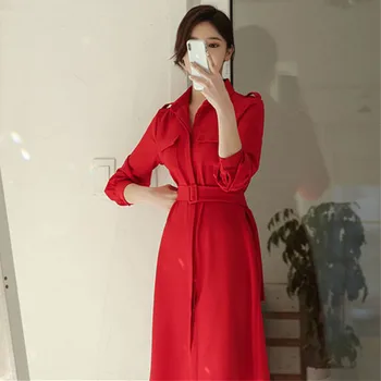 

Polo collar show temperament of thin belt han edition dress uniform wind pure color long sleeve shirt dress is long