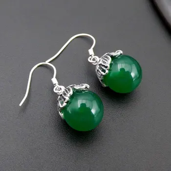 

FNJ 925 Silver Earrings for Women Jewelry 100% Original Pure S925 Silver Sterling Drop Earring Natural Green Agate Ball
