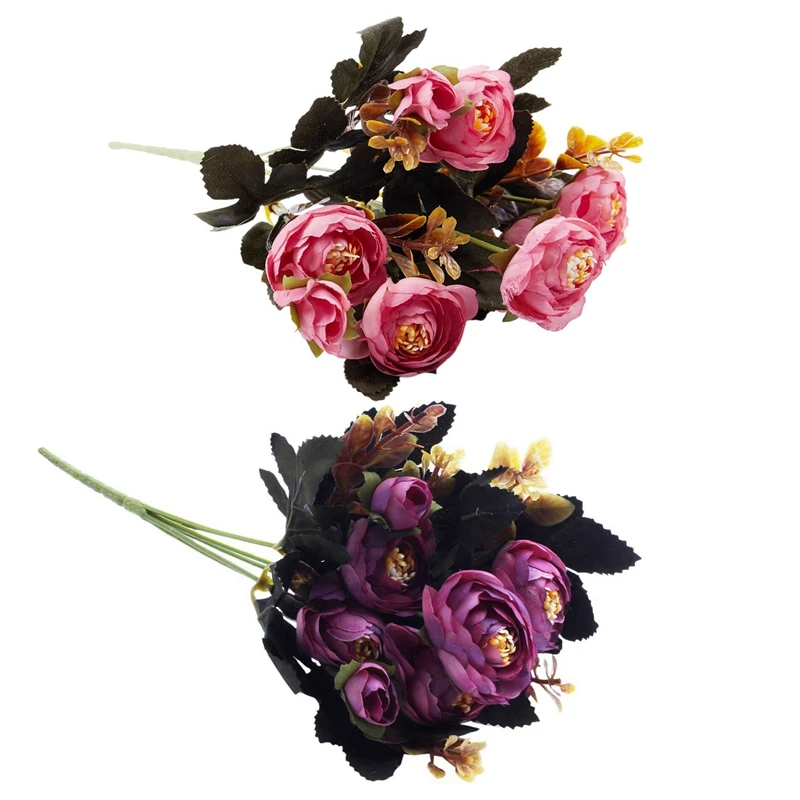 2 Bouquet 9 Head Artificial Silk Cloth Fake Flowers Leaf Peony Floral