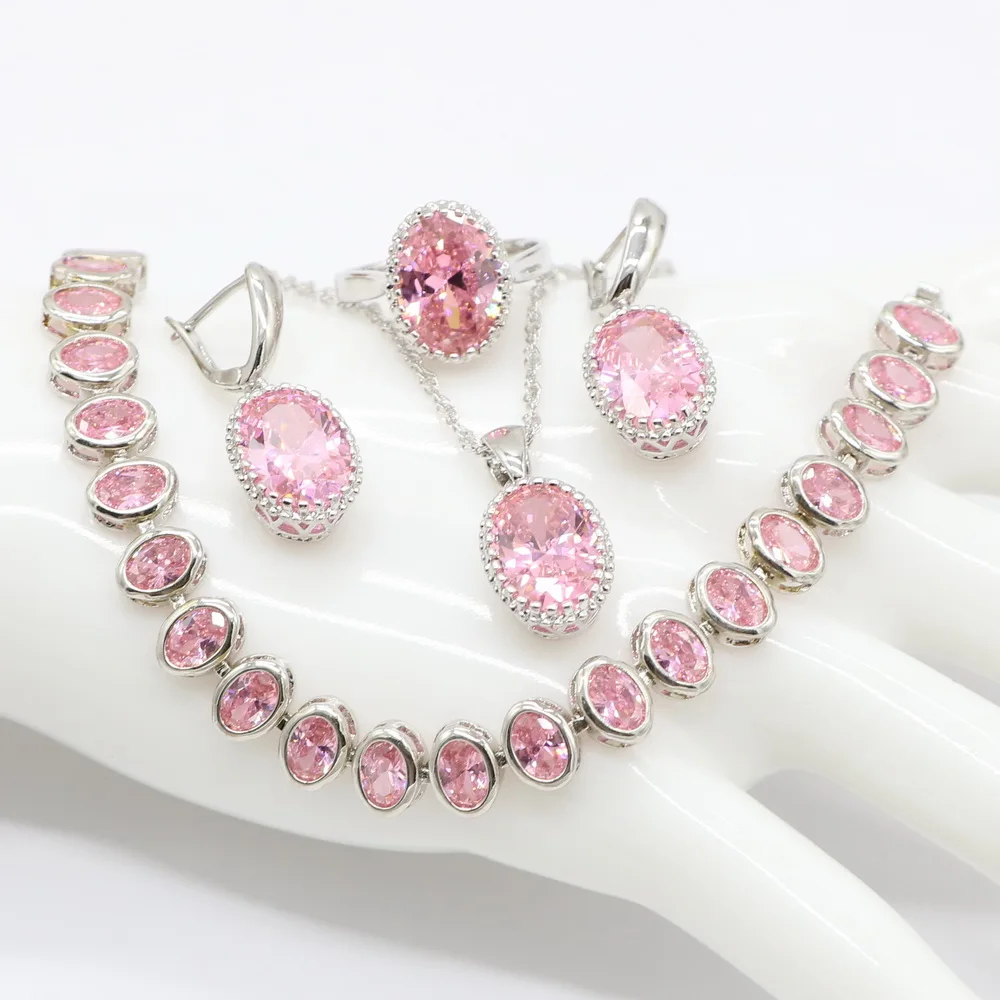 Круглые 925 серебряные натуральные Розовые ювелирные изделия со стразами наборы белые циркониевые браслеты кулон и ожерелье кольца серьги