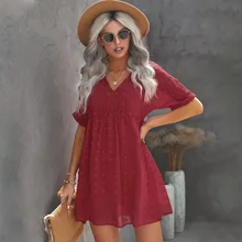 

Summer Women's Dress 2022 Elegant Chiffon Hairball Casual Short Midi Dress Sleeve Sundress V Neck Colorful Dresses for Women